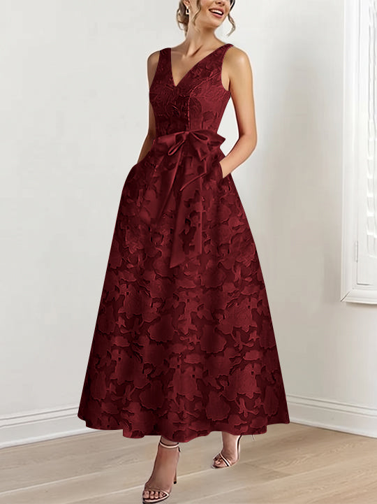 A-Line/Princess V-Neck Sleeveless Ankle-Length Rose Lace Applique Mother of the Bride Dresses with Pockets &amp; Ruffles