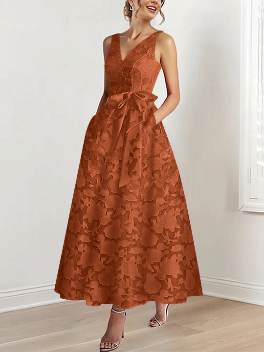 A-Line/Princess V-Neck Sleeveless Ankle-Length Rose Lace Applique Mother of the Bride Dresses with Pockets &amp; Ruffles