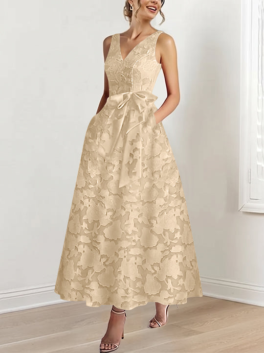 A-Line/Princess V-Neck Sleeveless Ankle-Length Rose Lace Applique Mother of the Bride Dresses with Pockets &amp; Ruffles