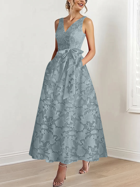 A-Line/Princess V-Neck Sleeveless Ankle-Length Rose Lace Applique Mother of the Bride Dresses with Pockets &amp; Ruffles