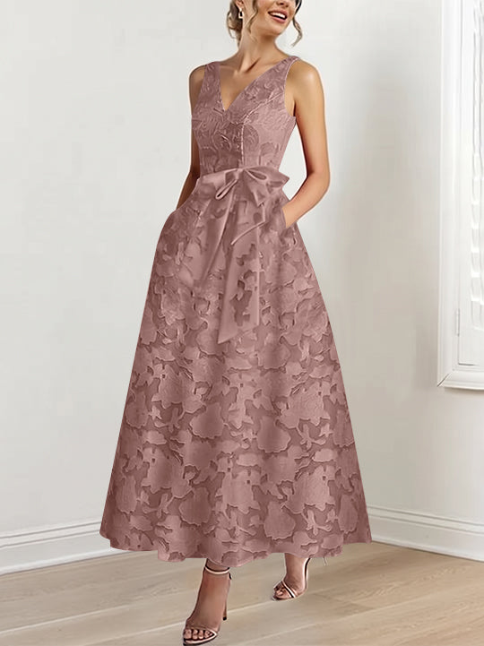 A-Line/Princess V-Neck Sleeveless Ankle-Length Rose Lace Applique Mother of the Bride Dresses with Pockets &amp; Ruffles