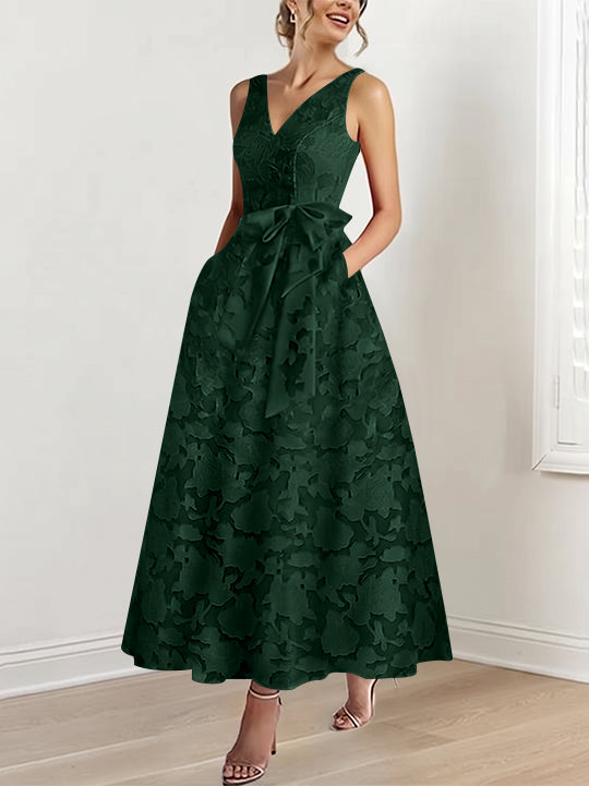 A-Line/Princess V-Neck Sleeveless Ankle-Length Rose Lace Applique Mother of the Bride Dresses with Pockets &amp; Ruffles