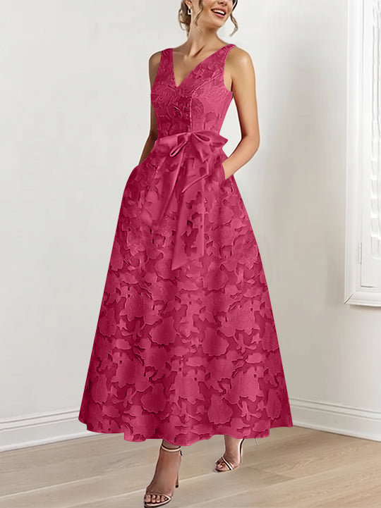 A-Line/Princess V-Neck Sleeveless Ankle-Length Rose Lace Applique Mother of the Bride Dresses with Pockets &amp; Ruffles