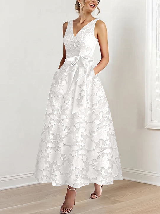 A-Line/Princess V-Neck Sleeveless Ankle-Length Rose Lace Applique Mother of the Bride Dresses with Pockets &amp; Ruffles