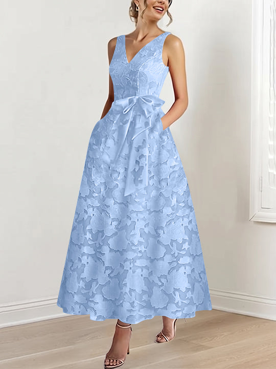A-Line/Princess V-Neck Sleeveless Ankle-Length Rose Lace Applique Mother of the Bride Dresses with Pockets &amp; Ruffles