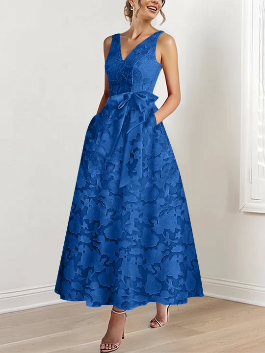 A-Line/Princess V-Neck Sleeveless Ankle-Length Rose Lace Applique Mother of the Bride Dresses with Pockets &amp; Ruffles