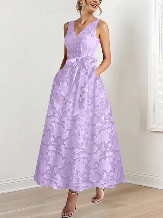 A-Line/Princess V-Neck Sleeveless Ankle-Length Rose Lace Applique Mother of the Bride Dresses with Pockets &amp; Ruffles