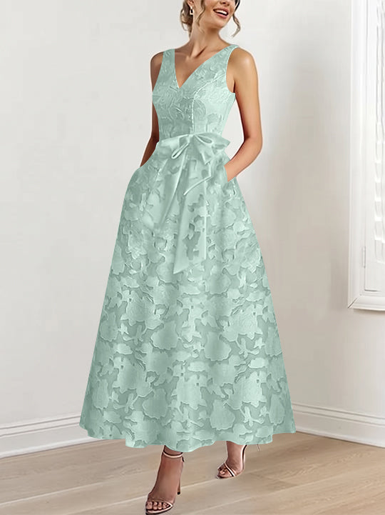 A-Line/Princess V-Neck Sleeveless Ankle-Length Rose Lace Applique Mother of the Bride Dresses with Pockets &amp; Ruffles