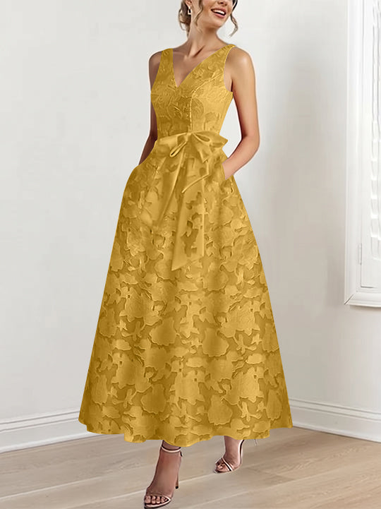 A-Line/Princess V-Neck Sleeveless Ankle-Length Rose Lace Applique Mother of the Bride Dresses with Pockets &amp; Ruffles