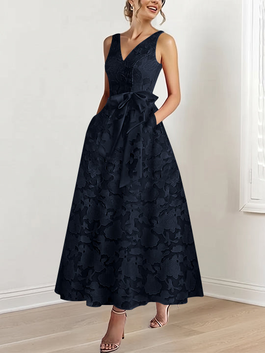 A-Line/Princess V-Neck Sleeveless Ankle-Length Rose Lace Applique Mother of the Bride Dresses with Pockets &amp; Ruffles