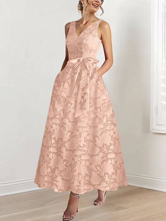 A-Line/Princess V-Neck Sleeveless Ankle-Length Rose Lace Applique Mother of the Bride Dresses with Pockets &amp; Ruffles