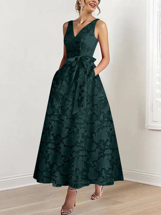 A-Line/Princess V-Neck Sleeveless Ankle-Length Rose Lace Applique Mother of the Bride Dresses with Pockets &amp; Ruffles