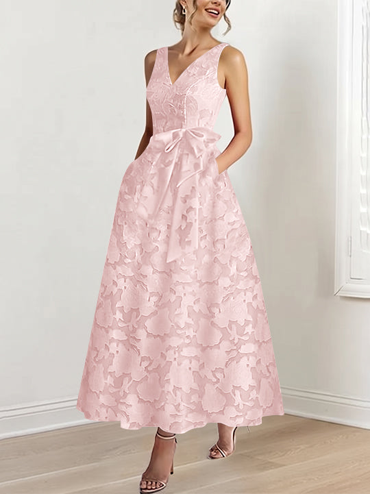 A-Line/Princess V-Neck Sleeveless Ankle-Length Rose Lace Applique Mother of the Bride Dresses with Pockets &amp; Ruffles