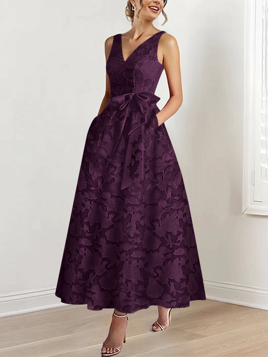 A-Line/Princess V-Neck Sleeveless Ankle-Length Rose Lace Applique Mother of the Bride Dresses with Pockets &amp; Ruffles