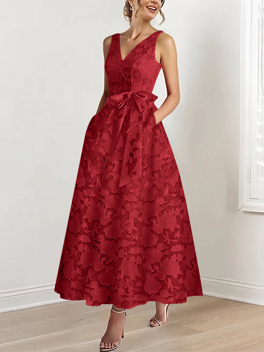 A-Line/Princess V-Neck Sleeveless Ankle-Length Rose Lace Applique Mother of the Bride Dresses with Pockets &amp; Ruffles