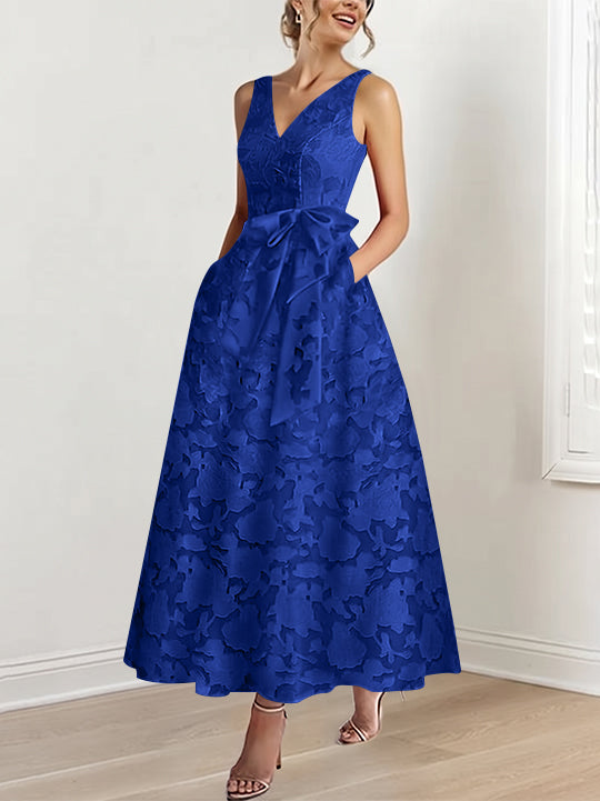 A-Line/Princess V-Neck Sleeveless Ankle-Length Rose Lace Applique Mother of the Bride Dresses with Pockets &amp; Ruffles