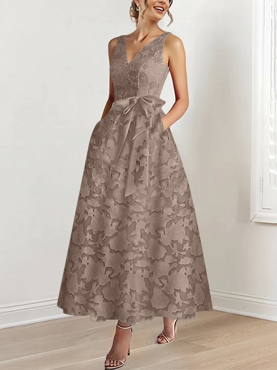 A-Line/Princess V-Neck Sleeveless Ankle-Length Rose Lace Applique Mother of the Bride Dresses with Pockets &amp; Ruffles