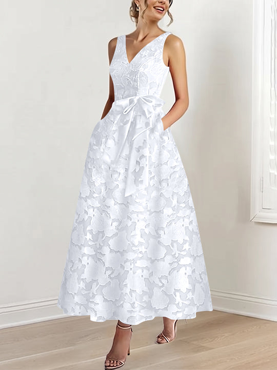 A-Line/Princess V-Neck Sleeveless Ankle-Length Rose Lace Applique Mother of the Bride Dresses with Pockets &amp; Ruffles