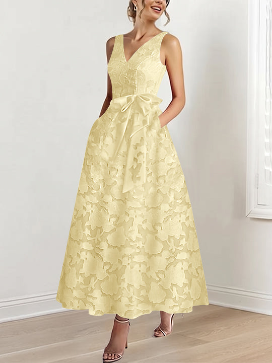 A-Line/Princess V-Neck Sleeveless Ankle-Length Rose Lace Applique Mother of the Bride Dresses with Pockets &amp; Ruffles