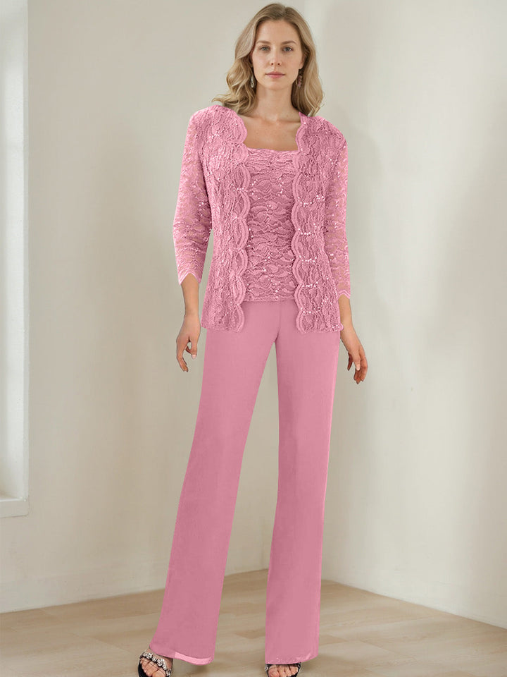 3 Pieces Square Neck 3/4 Sleeves Floor-Length Mother of the Bride Pantsuits with Sequins
