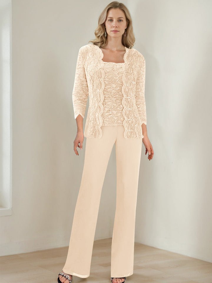 3 Pieces Square Neck 3/4 Sleeves Floor-Length Mother of the Bride Pantsuits with Sequins