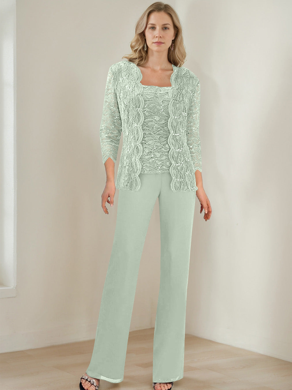 3 Pieces Square Neck 3/4 Sleeves Floor-Length Mother of the Bride Pantsuits with Sequins