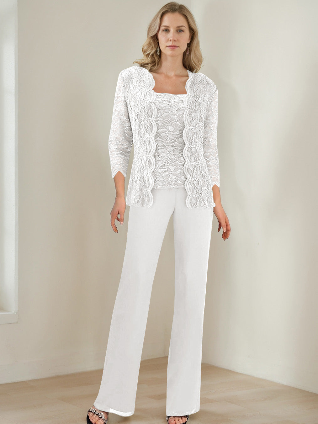 3 Pieces Square Neck 3/4 Sleeves Floor-Length Mother of the Bride Pantsuits with Sequins