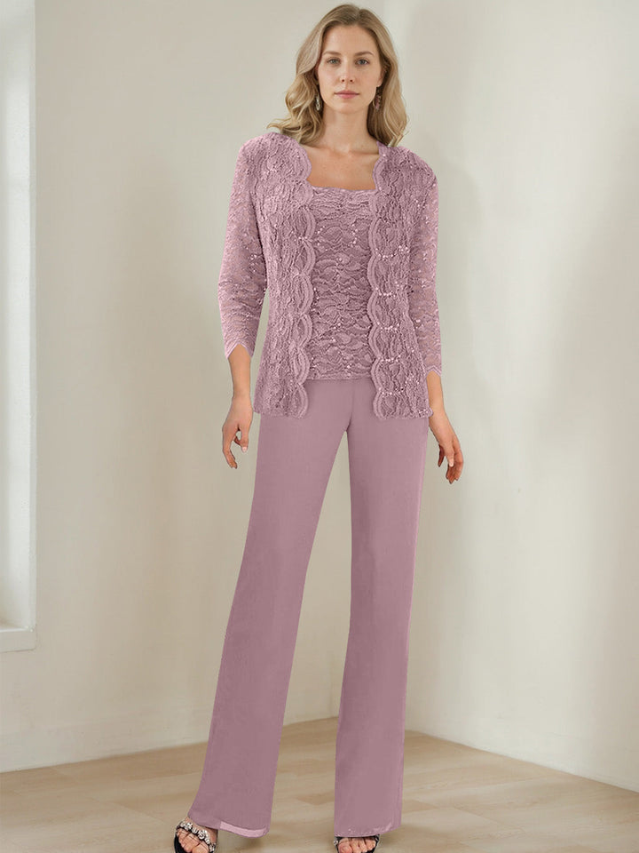 3 Pieces Square Neck 3/4 Sleeves Floor-Length Mother of the Bride Pantsuits with Sequins