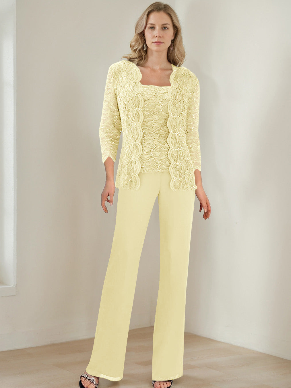 3 Pieces Square Neck 3/4 Sleeves Floor-Length Mother of the Bride Pantsuits with Sequins