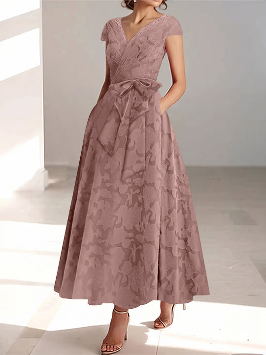 A-Line/Princess V-Neck Short Sleeves Ankle-Length Rose Lace Applique Mother of the Bride Dresses With Pockets &amp; Ruffles