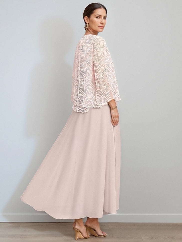A-Line/Princess Jewel Neck Tea Length Mother of the Bride Dresses with Jacket & Lace