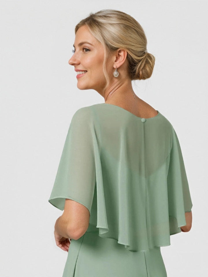 A-Line/Princess Scoop Half Sleeves Floor-Length Chiffon Mother of the Bride Dresses