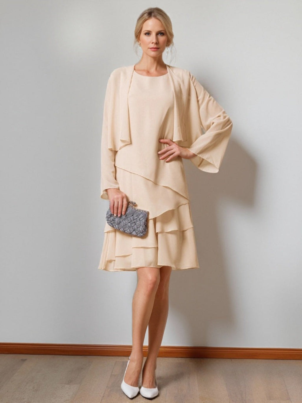 A-Line/Princess Scoop Neck Knee-Length Chiffon Mother of the Bride Dresses with Jacket & Ruffles