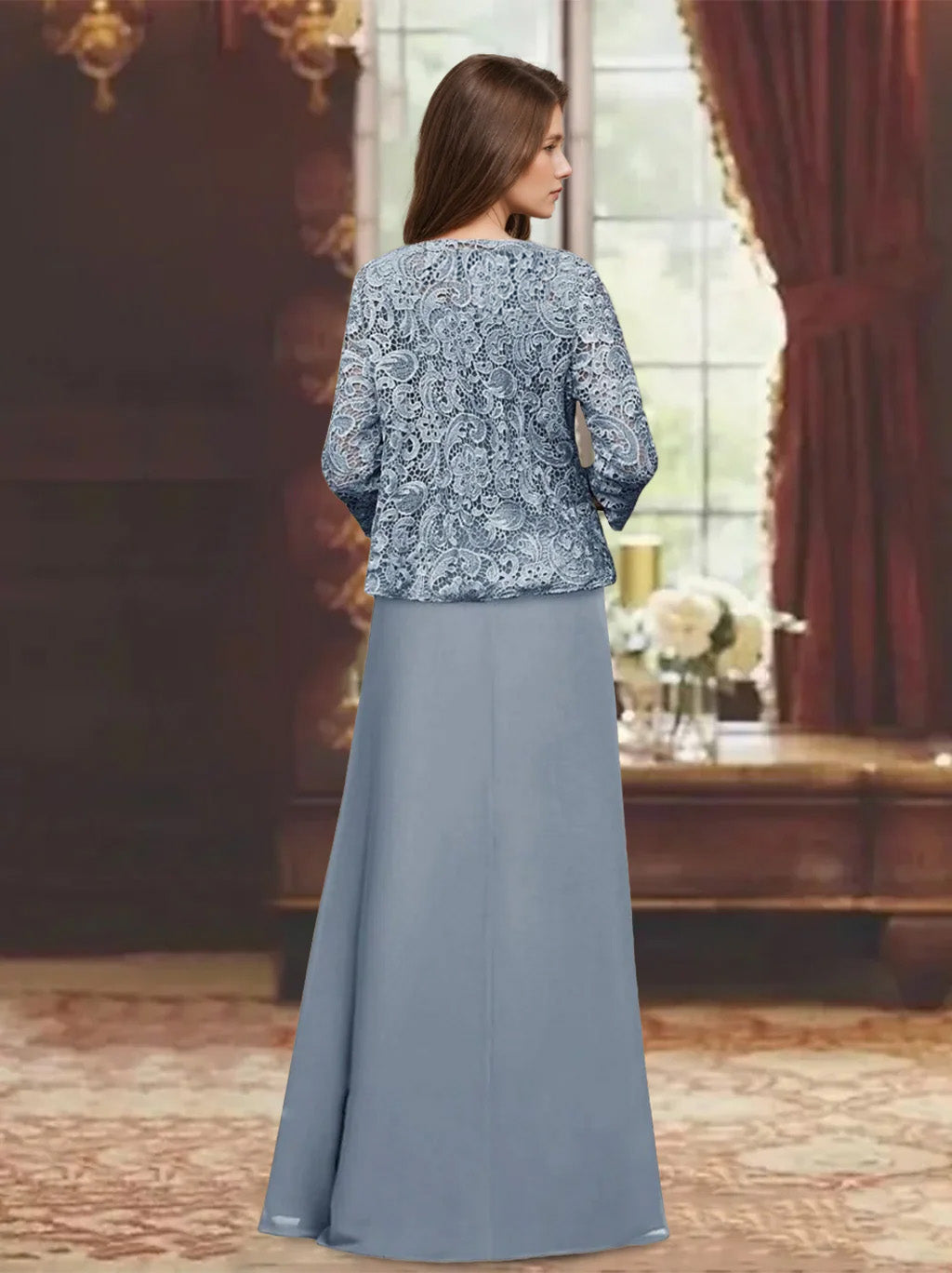 2 Pieces A-Line/Princess Scoop 3/4 Length Sleeves Floor-Length Mother of the Bride Dresses with Pleated & Ruffles