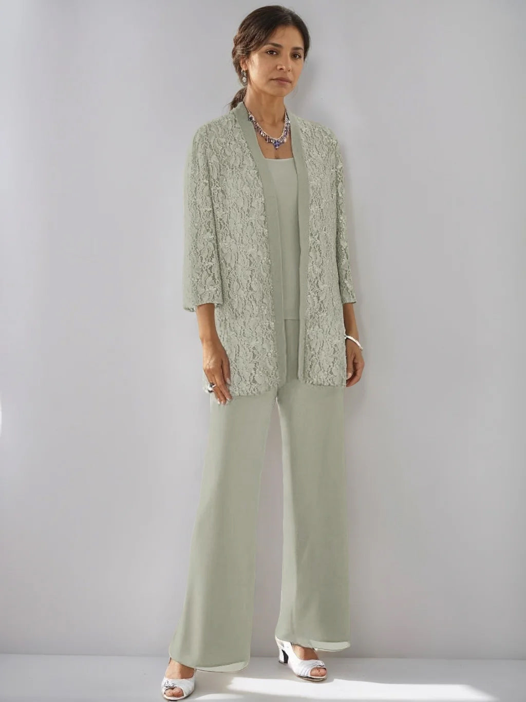3 Pieces Scoop Neck 3/4 Sleeves Ankle-Length Mother of the Bride Pantsuits with Lace & Sequins & Jacket