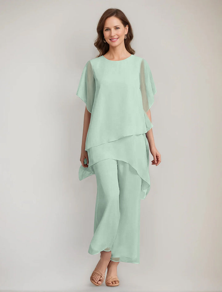 2 Pieces Scoop 1/2 Sleeves Ankle-Length Asymmetrical Mother Of The Bride Pantsuits With Button