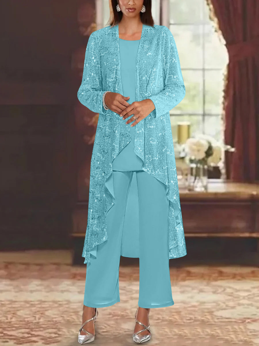 Chiffon Sequins Scoop Mother of the Bride Pantsuits with Jacket