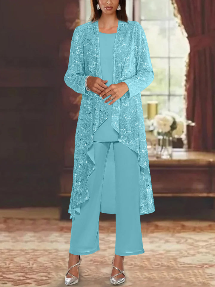 Chiffon Sequins Scoop Mother of the Bride Pantsuits with Jacket