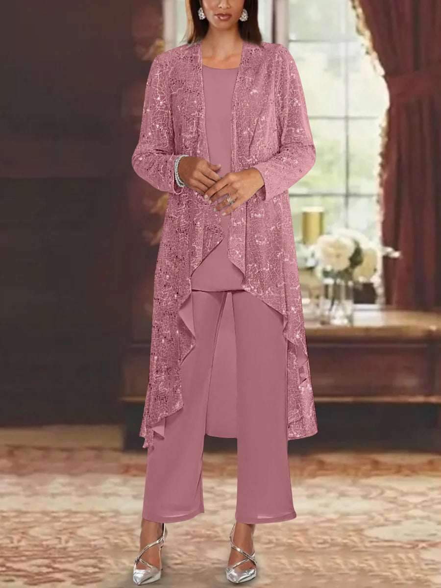 Chiffon Sequins Scoop Mother of the Bride Pantsuits with Jacket