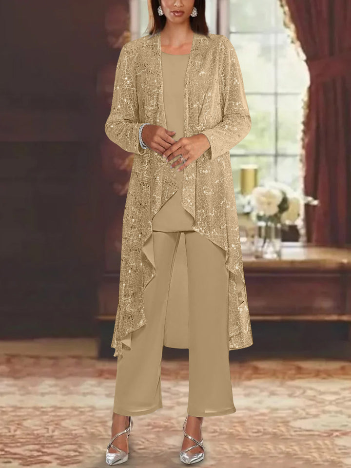 Chiffon Sequins Scoop Mother of the Bride Pantsuits with Jacket
