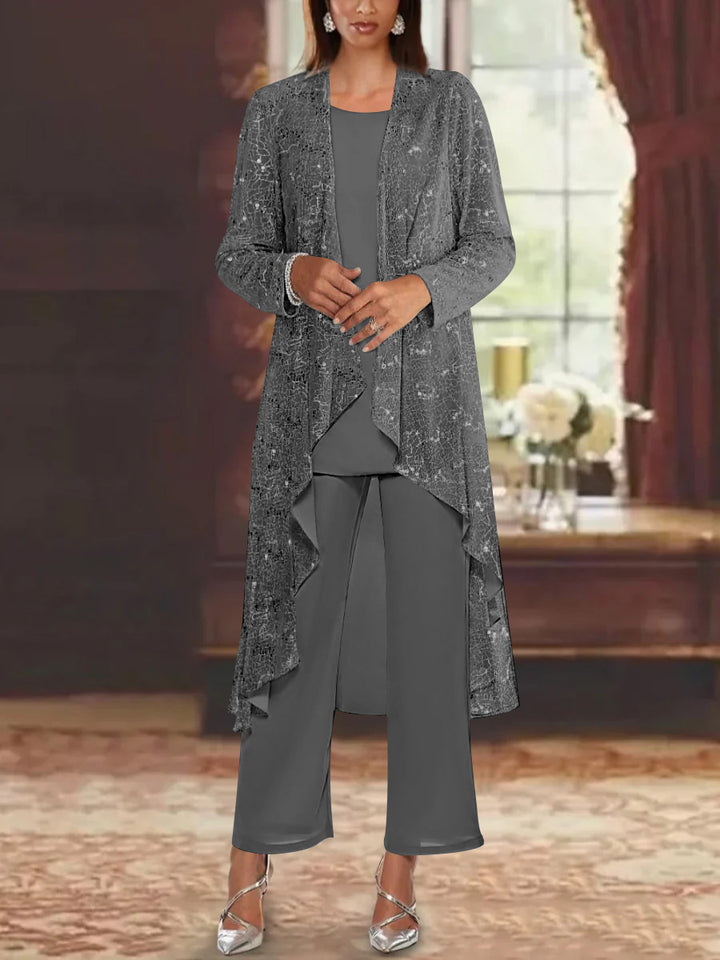 Chiffon Sequins Scoop Mother of the Bride Pantsuits with Jacket