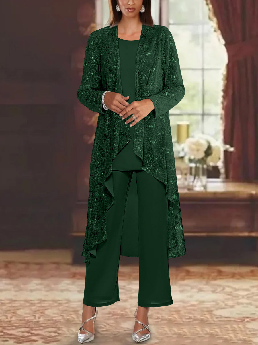Chiffon Sequins Scoop Mother of the Bride Pantsuits with Jacket