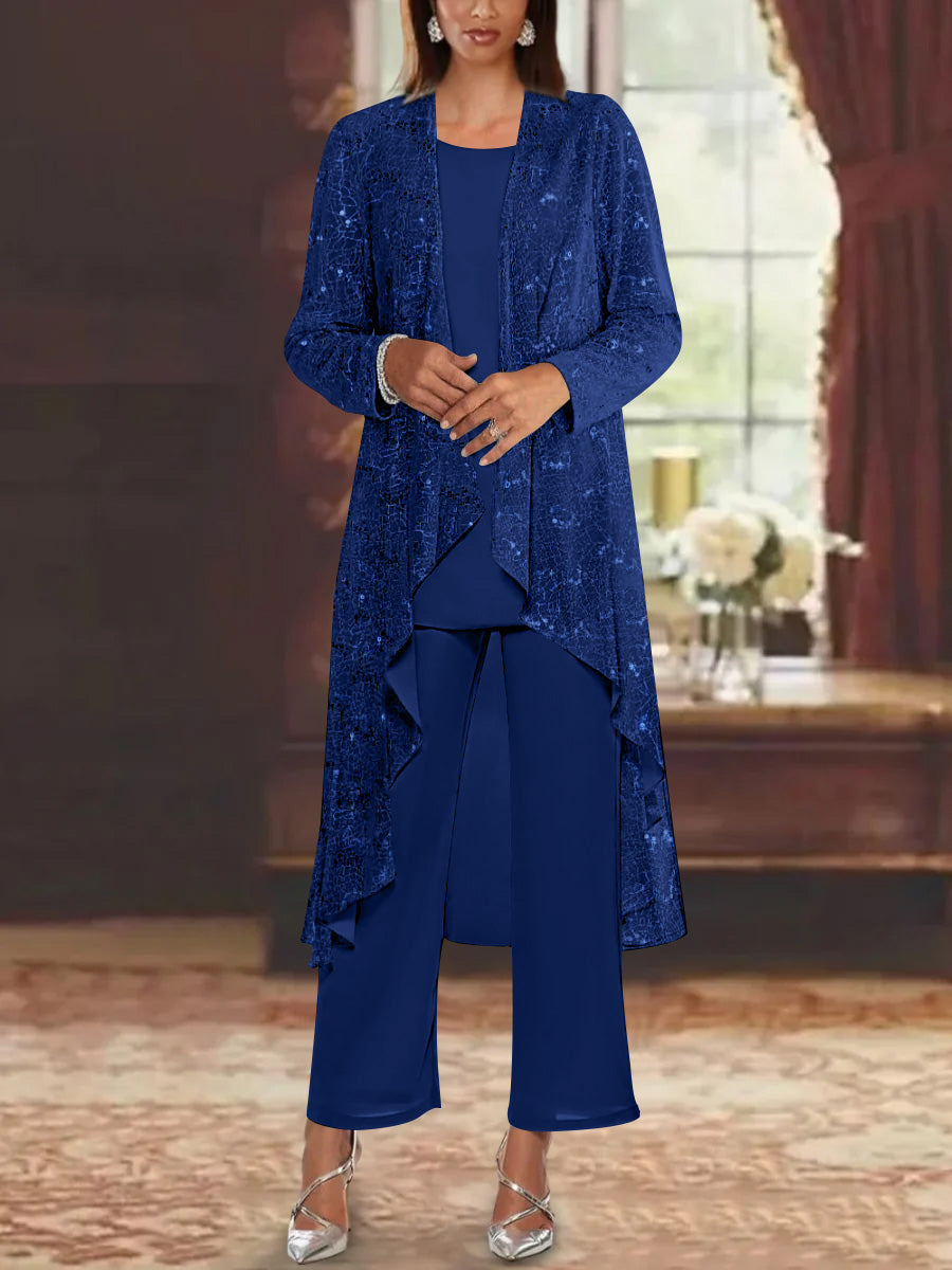 Chiffon Sequins Scoop Mother of the Bride Pantsuits with Jacket