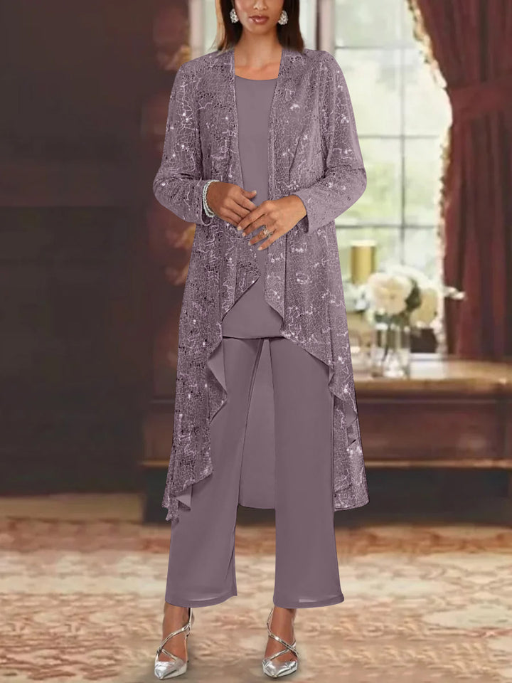 Chiffon Sequins Scoop Mother of the Bride Pantsuits with Jacket