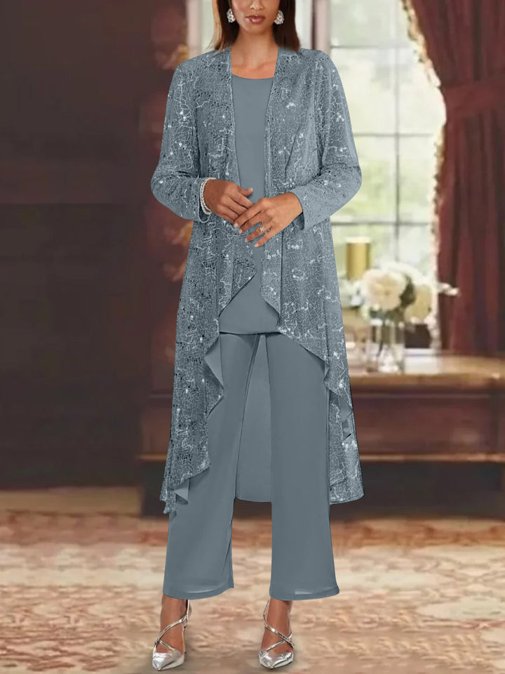 Chiffon Sequins Scoop Mother of the Bride Pantsuits with Jacket
