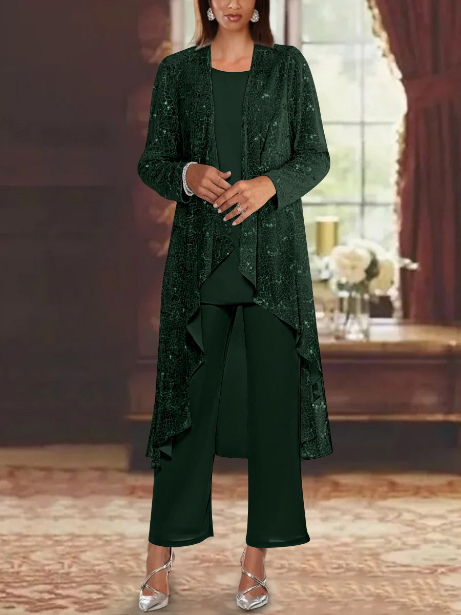 Chiffon Sequins Scoop Mother of the Bride Pantsuits with Jacket