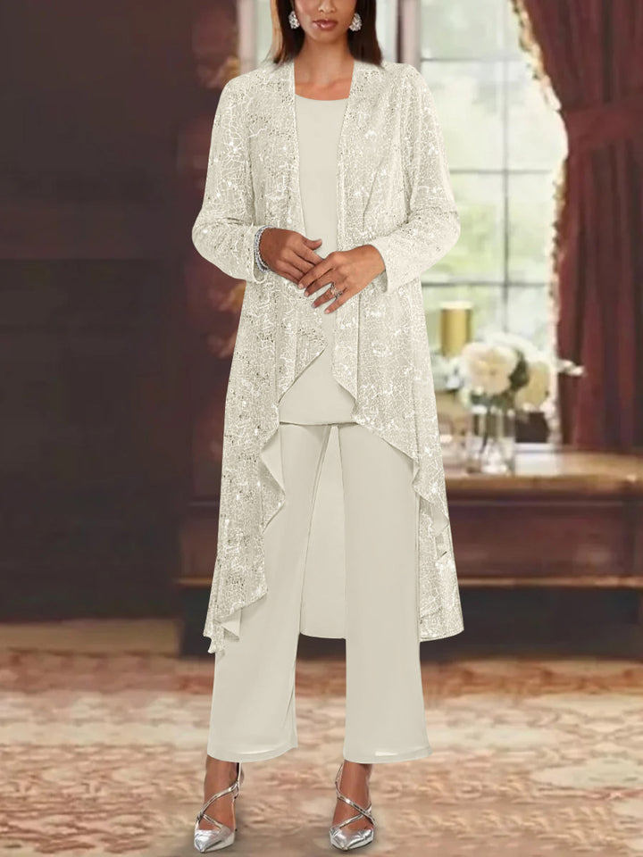 Chiffon Sequins Scoop Mother of the Bride Pantsuits with Jacket