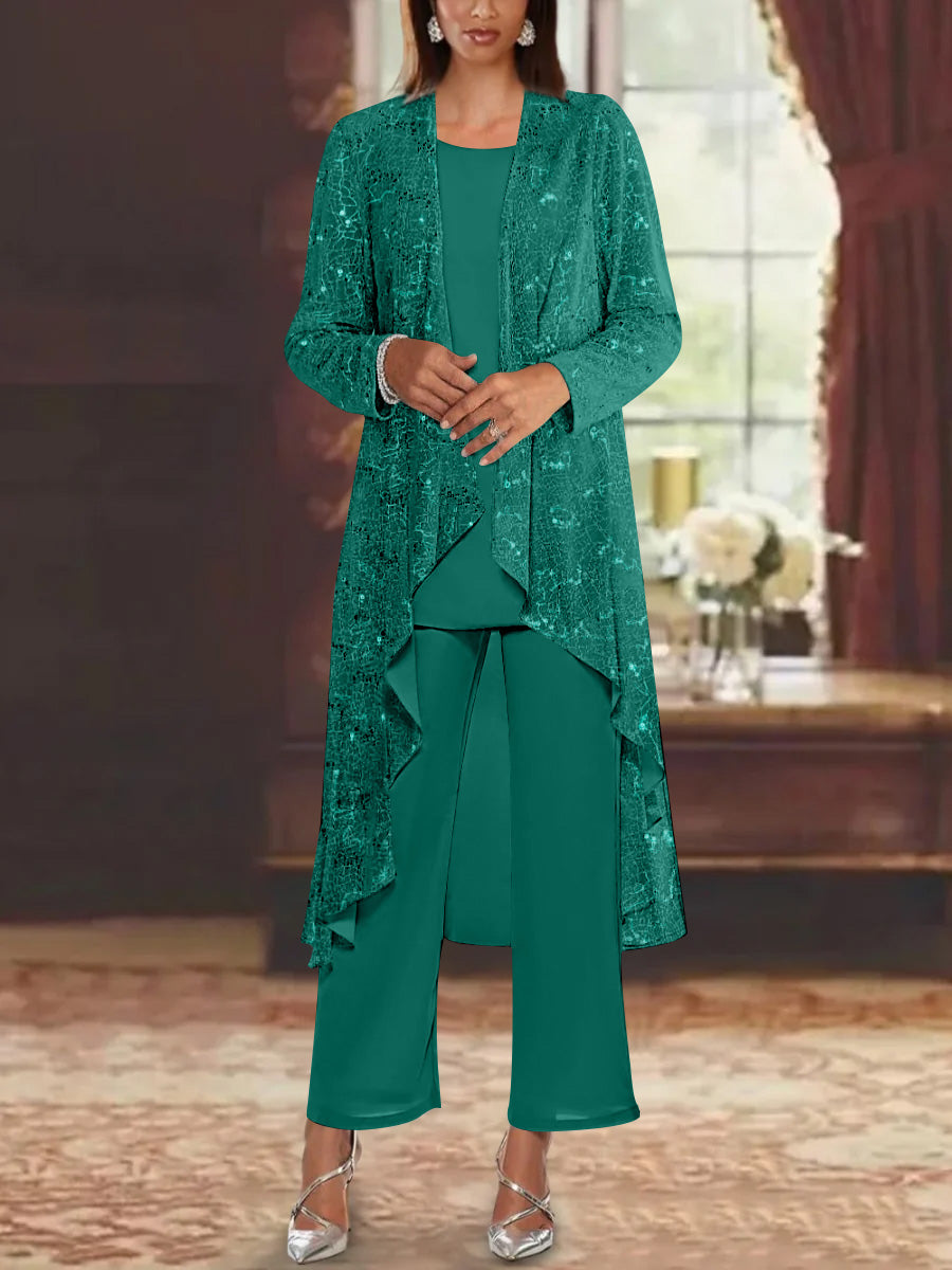 Chiffon Sequins Scoop Mother of the Bride Pantsuits with Jacket