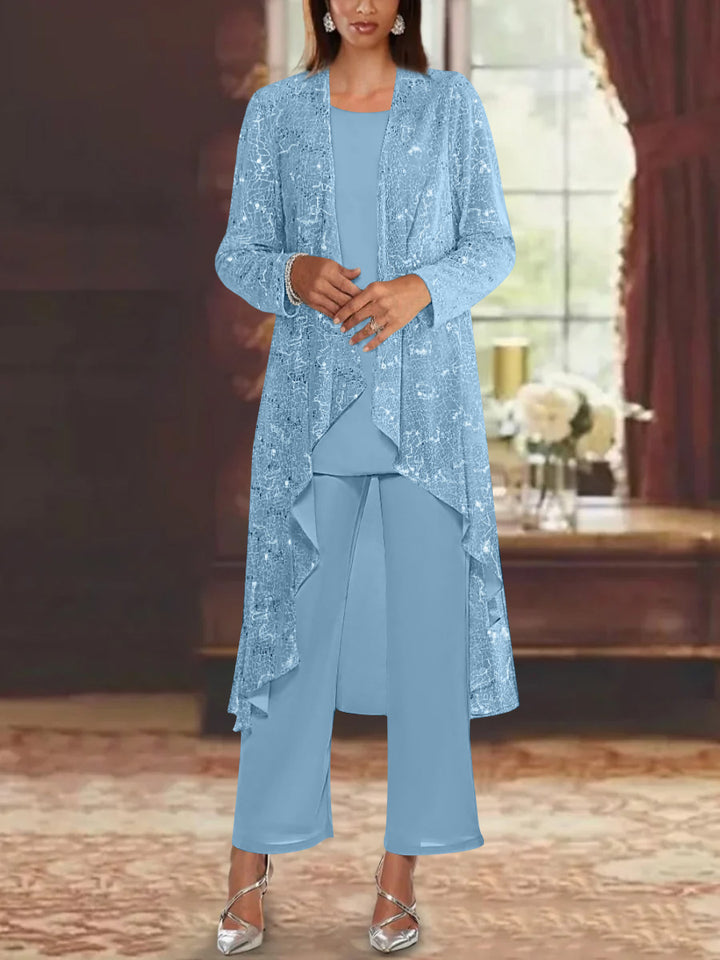 Chiffon Sequins Scoop Mother of the Bride Pantsuits with Jacket