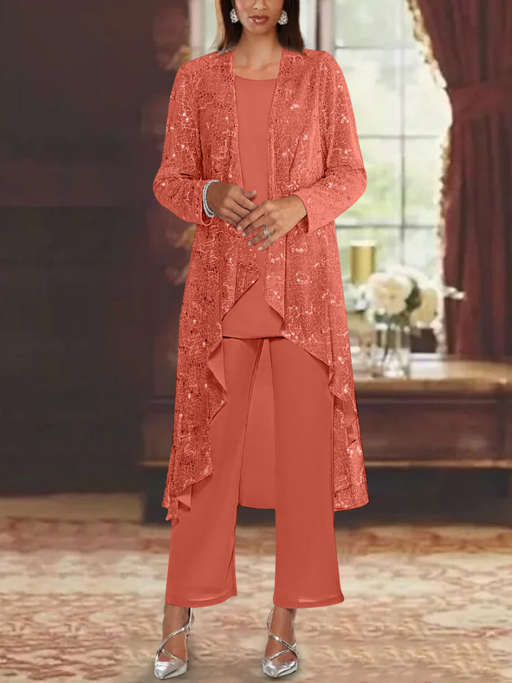 Chiffon Sequins Scoop Mother of the Bride Pantsuits with Jacket